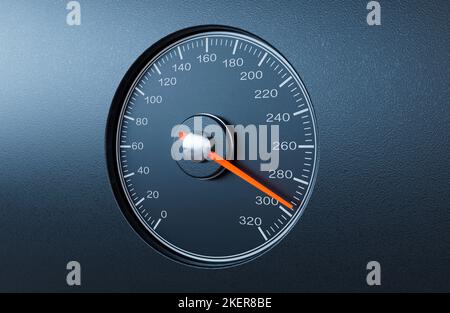 Ein normaler Auto-Tachometer mit einer orangefarbenen Nadel, die auf einem isolierten schwarzen Hintergrund auf eine hohe Geschwindigkeit zeigt - 3D Render Stockfoto