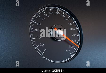 Ein normaler Auto-Tachometer mit einer orangefarbenen Nadel, die auf einem isolierten schwarzen Hintergrund auf eine hohe Geschwindigkeit zeigt - 3D Render Stockfoto