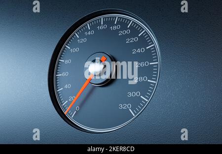 Ein normaler Auto-Tachometer mit einer orangefarbenen Nadel, die auf einem isolierten schwarzen Hintergrund auf eine langsame Geschwindigkeit zeigt - 3D Render Stockfoto