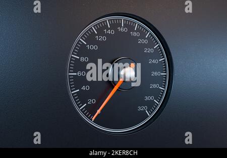 Ein normaler Auto-Tachometer mit einer orangefarbenen Nadel, die auf einem isolierten schwarzen Hintergrund auf eine langsame Geschwindigkeit zeigt - 3D Render Stockfoto