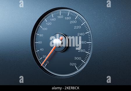 Ein normaler Auto-Tachometer mit einer orangefarbenen Nadel, die auf einem isolierten schwarzen Hintergrund auf eine langsame Geschwindigkeit zeigt - 3D Render Stockfoto