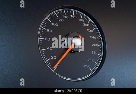 Ein normaler Auto-Tachometer mit einer orangefarbenen Nadel, die auf einem isolierten schwarzen Hintergrund auf eine langsame Geschwindigkeit zeigt - 3D Render Stockfoto