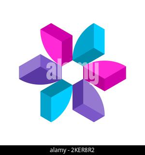 Bunte 3D Logo Design Vorlage. Viertel eines Kreises bilden eine sechseckige Bewegungsform. Sechs Propeller-ähnliche Objekte rotieren. Isometrische penrose nicht möglich Stock Vektor