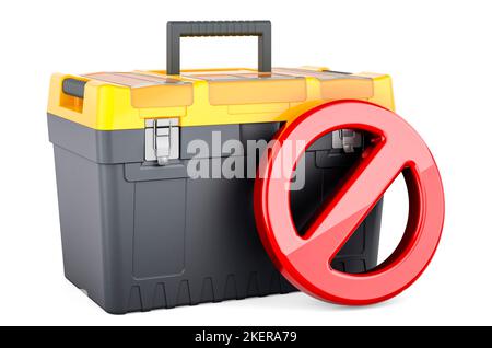 Toolbox mit Verbotszeichen, 3D Rendering isoliert auf weißem Hintergrund Stockfoto