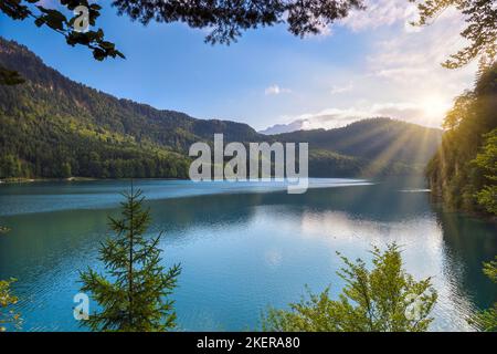 Wunderschöner smaragdgrüner Alpsee in den deutschen Alpen, Allgau, Bayern, Deutschland Stockfoto