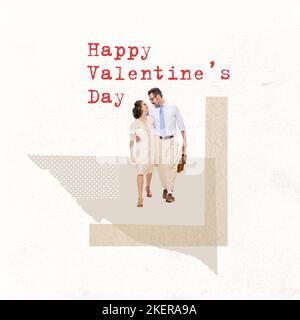 Collage zeitgenössischer Kunst. Kreatives Design im Retro-Stil. Schönes Paar, das an einem Date zusammen läuft, um den Valentinstag zu feiern Stockfoto