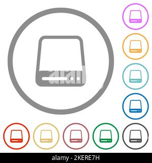 Flache Farbsymbole des Festplattenlaufwerks in runden Umrissen auf weißem Hintergrund Stock Vektor
