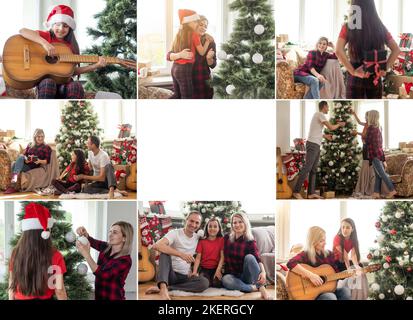 Collage von Fotos mit glücklicher Familie am Wintertag Weihnachten. Stockfoto