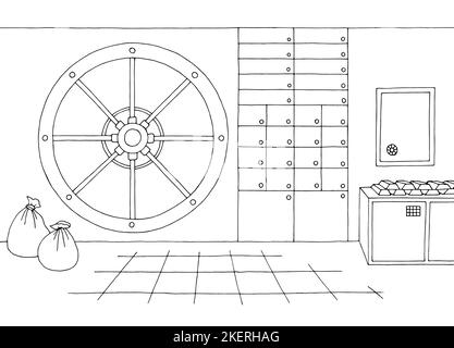 Bankgewölbe Safe Lagerung Innenraum Grafik schwarz weiß Skizze Illustration Vektor Stock Vektor