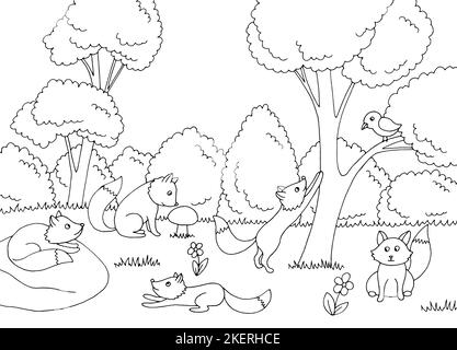 Lustige Fuchs in Wald Grafik schwarz weiß Skizze Landschaft Illustration Vektor Stock Vektor