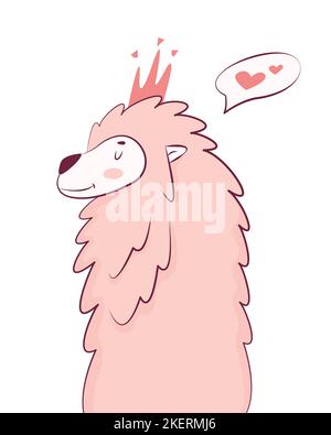 Rosafarbene monochrome Vektorgrafik. Niedlich und flauschig Cartoon kawaii llama. Tierische Prinzessin oder Königin. Drucken Sie für Babykleidung, Geschenkkarten, Wandposter, Babynahrung. Kinder zeichnen Hand ziehen Doodle Stock Vektor