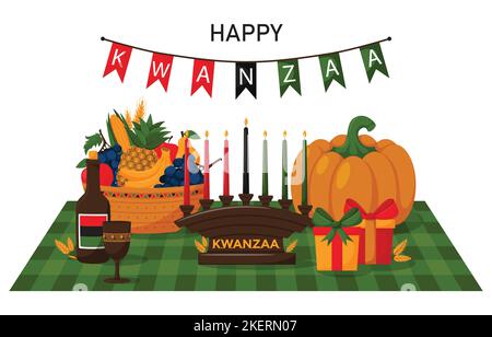 Grußkarte Happy Kwanzaa. Eine Komposition mit karierter Serviette, Kinara, Geschenken, Kürbis und Obstkorb. Cartoon Vektor Illustration auf einem Whit Stock Vektor