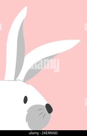 Niedliches Pastellposter für Kinder und Babyzimmer. Frühlingskarte für Ostern. Schöne weiße flauschige kawaii osterhase. Der Langohrhase sucht nach Ostereiern. Frohe Ostern. Drucken Sie für den Urlaub. Stock Vektor