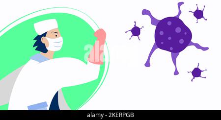 Vektor-Illustration Kampf Covid-19 Corona-Virus. Arzt Kampf Virus Konzept. Arzt oder medizinisches Fachpersonal, das mit einer Coronavirus-Pandemie kämpft. Vektordarstellung im flachen Stil. 2021-Banner Stock Vektor