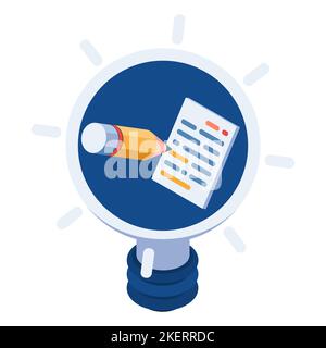 Flacher 3D isometrischer Bleistift Schreiben auf Papier im Inneren Glühbirne der Idee. Creative Content Writer und Content Marketing Konzept. Stock Vektor