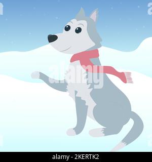 Kinder Cartoon Charakter Husky Wolf Winter Stockfoto