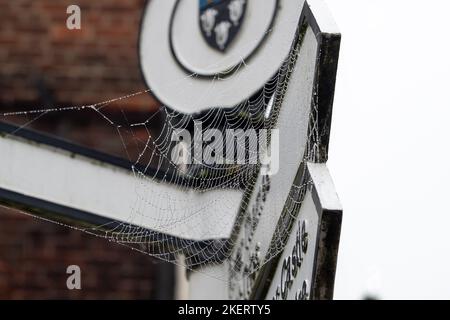 Eton, Windsor, Britannien. 14.. November 2022. Ein Spinnennetz auf einem Schild in der Eton High Street. Nach einem schönen, sonnigen Tag gestern war es ein nebliger Morgen in Eton, Windsor, in der Grafschaft. Bis heute Morgen um 10am Uhr gab das Met Office eine Wetterwarnung für Nebel aus. Quelle: Maureen McLean/Alamy Live News Stockfoto