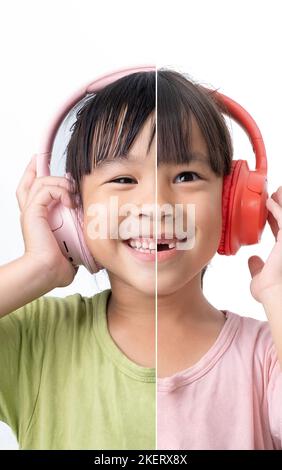 Zwei junge asiatische Mädchen, Half Faces, kamen lächelnd zusammen und hörten Musik auf kabellosen Kopfhörern, die auf weißem Hintergrund isoliert waren. Stockfoto