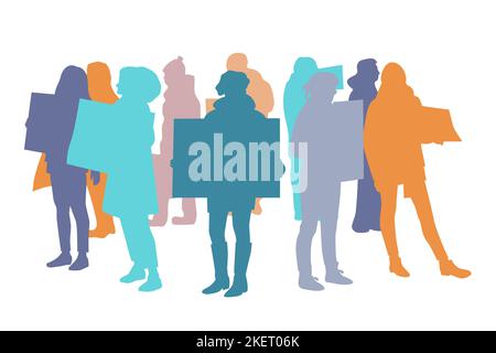 Menschenmassen färben Silhouetten. Männer und Frauen protestieren. Gruppe von Menschen, die zusammen mit Plakaten stehen. Für jede Art von Protest. Flache Vektorgrafik. Stock Vektor