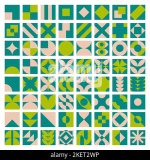 Set mit Bauhausstilblöcken. Abstrakte geometrische Muster aus Kreisen Dreiecke Quadrate. Modernes minimalistisches Design mit Neoplastik. Bio Colo Stock Vektor