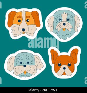 Niedliche Hunde Schnauze Aufkleber Set. Doodle Farbe lustige Welpen Gesichter. Hundeköpfe. Verschiedene beliebte Hunderassen. Flache Vektorgrafik Eckzahn für ca. Stock Vektor