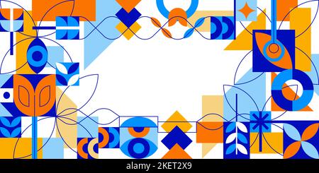Abstrakt bauhaus-Rahmen Geometrischer Hintergrund einfaches farbenfrohes minimalistisches Webdesign modernes neoplastisches Muster gekrümmte organische Formen und Linien. Fant Stock Vektor