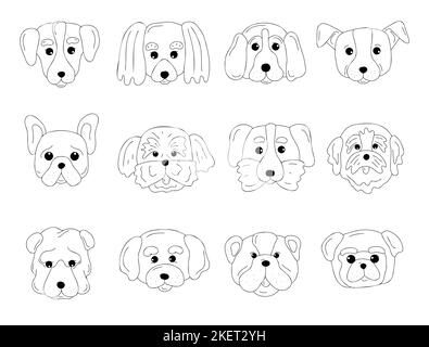 Line Art beliebte Hunderassen Gesichter. Hunde Rassen niedlichen Schnauze in Doodle-Stil gesetzt. Tinte handgezeichnete Köpfe lustige Welpen. Haustiere Portrait Kontur einfache Kinder Stil Vektor Illustration für Karte drucken Tattoo Stock Vektor