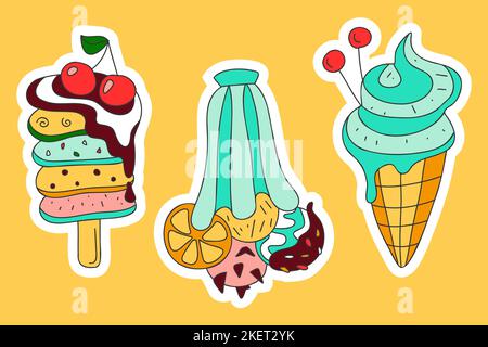 Niedliche Desserts Doodle Aufkleber. Eskimo Pie Toppings Kirsche, Eiskugeln mischen in Scheiben geschnittene Zitrusschale, weiches Eis Waffelkegel. Kalte Sommerbonbons für p Stock Vektor