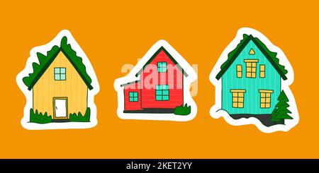 Islandia niedlichen rustikalen Häuser Aufkleber Set. Helles rot-blau-gelbes nordisches Haus mit Grasdach. Typische norwegische ländliche Gebäude. Nordfassaden aus Sandwichpaneelen. Vektorgrafik für Karte Stock Vektor