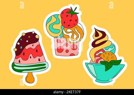 Niedliche Desserts Doodle Aufkleber. Eskimo Pie Popsicle, Eiscremekugeln Erdbeere in der Tasse, weiches Eis Minze Blätter in der Schüssel. Kalte Sommer Süßigkeiten für drucken Geburtstag Dekor Karte Party Vektor Illustration Stock Vektor