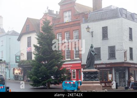 Windsor, Großbritannien. 14.. November 2022. Der Weihnachtsbaum von Windsor Castle. Nach einem schönen, sonnigen Tag gestern war es ein nebliger Morgen in Windsor, in der Grafschaft. Bis heute Morgen um 10am Uhr gab das Met Office eine gelbe Wetterwarnung für Nebel aus. Quelle: Maureen McLean/Alamy Live News Stockfoto