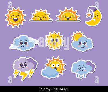 Emoji-Aufkleber für Wetterprognosen. Lustige Cartoon-Aufkleber von Sonne, Mond und Wolken mit verschiedenen Emotionen: Lustig, verschlimmt, weinend, wütend, Surpris Stock Vektor