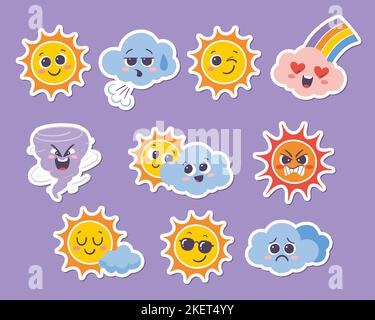 Emoji-Aufkleber für Wetterprognosen. Lustige Cartoon-Aufkleber der Sonne und Wolken mit verschiedenen Emotionen: Glücklich, cool, traurig, wütend... Set 1 von 2. Vektor i Stock Vektor