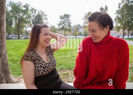 Zwei chinesische Damen treffen sich, um in einem Freiluftpark zu plaudern, Freundschaftskonzept. Stockfoto