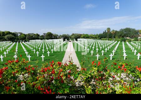 orth Africa American Cemetery, zu Ehren der Opfer des Zweiten Weltkriegs 2. Weiße Grabsteine und grüne gepflegte Felder. Gedenkstätte und Erinnerung an Kämpfer Stockfoto