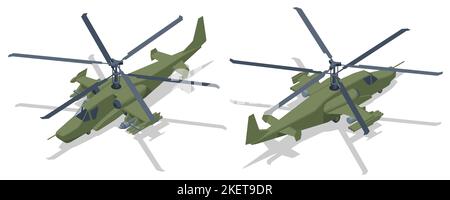 Isometrischer Angriffshubschrauber, Pfadfinderhubschrauber Ka-50, ka-52 , Schwarzer Hai, schwer bewaffneter Pfadfinderhubschrauber der Sowjetunion oder Russlands. Militärische Luftfahrt Stock Vektor