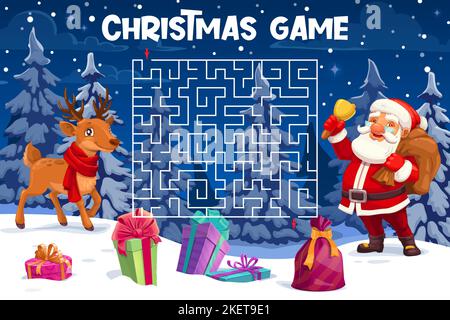 Weihnachten Labyrinth Labyrinth, Hilfe Hirsch zu finden Santa Quiz Spiel. Vektor-Arbeitsblatt von Kindern Puzzle mit quadratischen Labyrinth und Winter Urlaub Zeichen. Cartoon Weihnachtsmann mit Geschenktüte und Geschenkschachteln Stock Vektor
