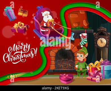 Weihnachtspapier geschnitten Santa, gnome und Geschenke in der Nähe von Kamin und Socken. Vektor Winter Urlaub Zeichen mit mehrlagigen Papercut Wellen. Cartoon Santa liefert Weihnachtsgeschenke und Geschenke auf Weihnachtsschlitten Stock Vektor