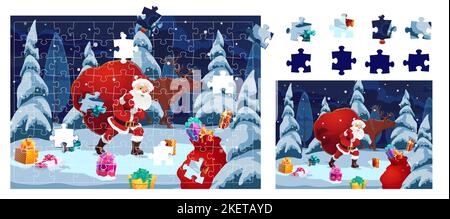 Weihnachten Puzzle-Spiel Stücke, Cartoon Santa mit Geschenken, Vektor Winter Urlaub spielen. Weihnachten Puzzle Puzzle Puzzle für Kinder Aktivität, um Teile zu finden, um Bild mit Santa und Rentiere zu sammeln Stock Vektor