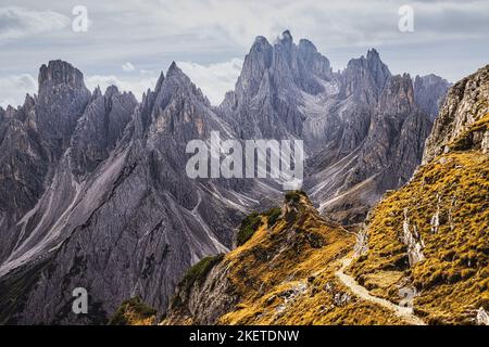 Die Gipfel der Cadini di Misurina fühlen sich an, als würden sie an diesem Ort im Naturpark der drei Zinnen fast ein Amphitheater schaffen. Vor diesen mag stehen Stockfoto