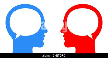 Männer kommunizieren von Angesicht zu Angesicht. Unterschiedliche oder gleiche Ansichten, Meinungen, Konzeptvektordarstellung. Zwei Erwachsene männliche Personen mit Textblasen und geometrischen Figuren, die miteinander sprechen. Stock Vektor