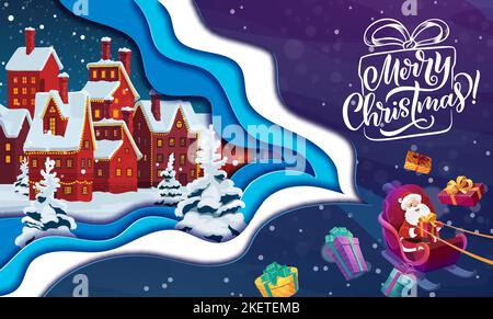 Weihnachten Papier geschnitten, Cartoon Santa auf Schlitten mit Geschenken, Vektor Urlaub Hintergrund. Fröhliche Weihnachten Papercut oder 3D Ausschnitt mit Santa Reiten Schlitten auf Schnee in der Winterstadt mit Weihnachtsbäumen und Lichter Stock Vektor