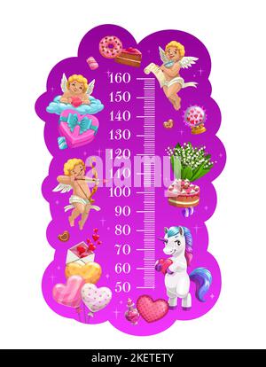 Kinder-Höhendiagramm von Cupids, Einhorn und Süßigkeiten, Vektor-Wachstumsmeter Linealskala. Cartoon Stadiometer Wandaufkleber mit romantischen Liebesgeschenken, Herzen und Blumen, Ballons und Kuchen Stock Vektor