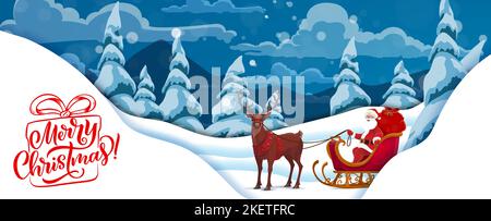 Weihnachten Papier geschnitten Cartoon Santa auf Schlitten mit Hirsch. Vector Xmas Winter Urlaub Waldlandschaft mit geschichteten papercut Grenzen von weißen Schneepfählen, Weihnachtsmann Charakter und Weihnachtsgeschenke Tasche auf Schlitten Stock Vektor