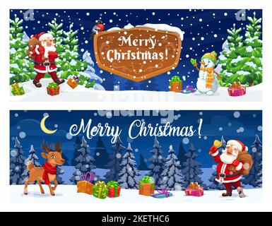Weihnachtsbanner Cartoon weihnachtsmann und Hirsch in verschneiten Ferienwald. Vektor horizontale Karten mit lustigen Vater Noel, Rentier und Schneemann in Nachtholz mit Fichten und Schneefall. Grußkarten für Weihnachten Stock Vektor