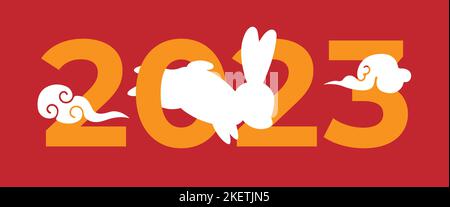 Chinesisches Mondjahr 2023. Frohes Chinesisches Neues Jahr 2023. Weißes Kaninchen. Jahr des Hasen. Vektorgrafik. Stock Vektor