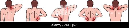 Menschliche Rücken- und Nackenschmerzen. Schmerzen im Kopf, Hals und Rücken. Schmerzen in verschiedenen Teilen des menschlichen Körpers eingestellt. Gesundheitsproblem von Muskelschmerzen und Wirbelsäulenproblemen. Stock Vektor