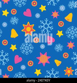 Nahtloses Muster mit Sternen, Schneeflocken, Glocken und Herzen auf blauem Hintergrund. Bunte Weihnachten wiederholt Muster. Stock Vektor