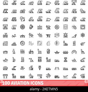 100 Symbole für die Luftfahrt eingestellt. Skizzieren Sie die Darstellung von 100 Symbolen für die Luftfahrt, die auf weißem Hintergrund isoliert sind Stock Vektor