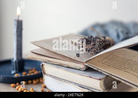 Gemütliches Zuhause Komposition mit einem Stapel von Büchern auf einem verschwommenen Hintergrund. Stockfoto